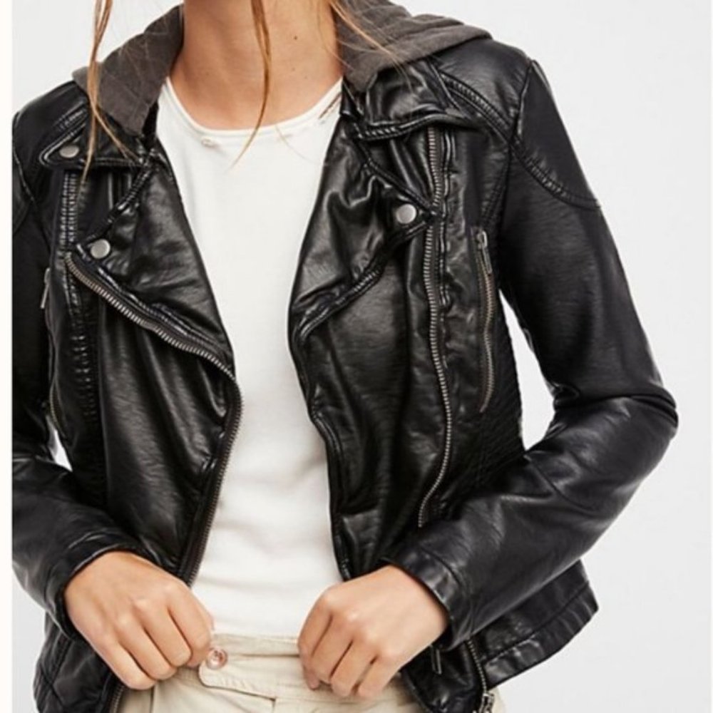 Free People Hooded Faux Lather Moto Jacket
